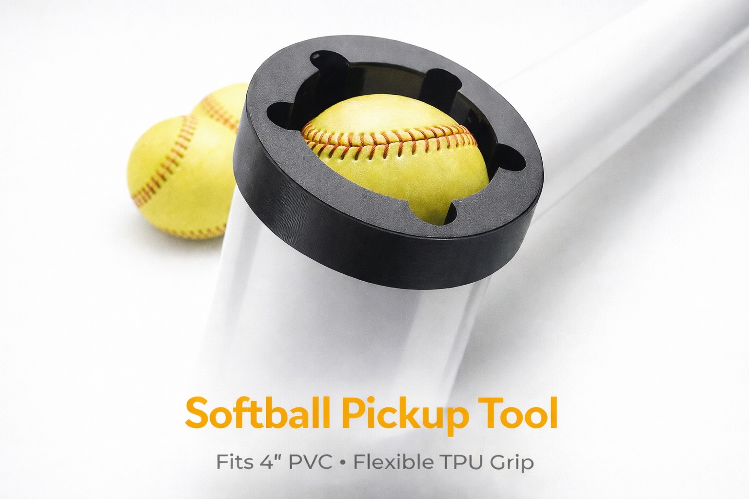 SnagCap softball pickup tool attached to PVC pipe with a softball inside
